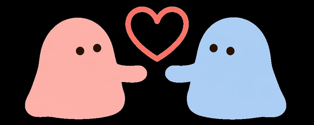 ピンクと青のマスコットがハートを囲んでいるイラスト